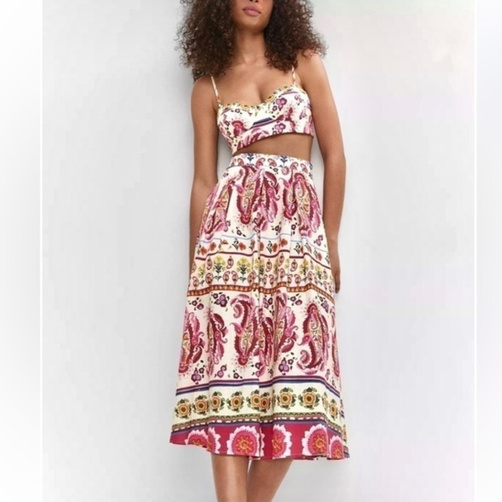 CAROLINE CONSTAS Printed Linen Bralette Crop Top and Midi Skirt Set S